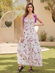 Women Y2K Slip Flowy Dress Sleeveless Backless Tie-Up Flower Print Swing Dress Summer Long Dresses - Purplish-red - View 4