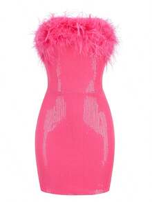 Vestido corto de fiesta sin tirantes, en unicolor, con detalles de plumas de felpa y lentejuelas - Rosa - Ver 10