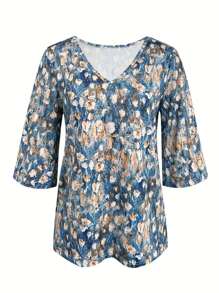 Floral Print V-Neck 3/4 Sleeve T-Shirt, Vacation & Daily Casual Women Apparel