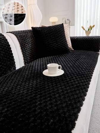 1pc Honeycomb Plush Solid Color Sofa Cover, 100% Polyester, Pet-Friendly, Fits Single Armchair, 2/3/4 Seater And Modular Sofas, Minimalist Style For Living Room, Bedroom, Home Decor, All Seasons