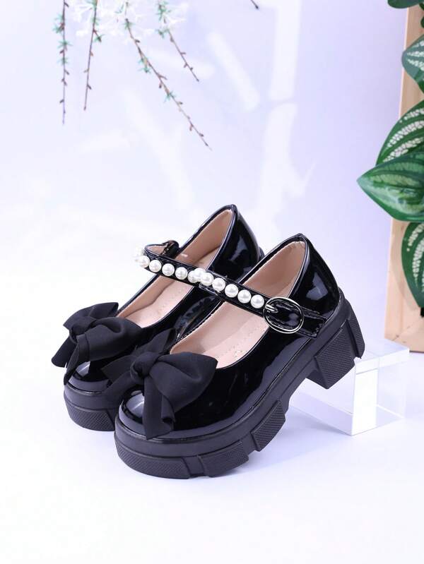 Spring/Autumn New Cute Bow Kid's Shoes, Mid-Size Children Thick Bottom Leather Shoes With Beaded Strap, Young Girl's Shoes, Student Dance Shoes