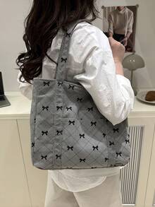 1 件简约时尚印花布质手提包拉链开口大容量单肩包适合女性日常休闲使用 - 灰色 - 查看 3