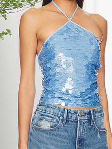 Women Sequin Glitter Tops Sleeveless Halter Tie Back Backless Tank Tops Sparkly Party Rave Going Out Top - Blue - View 4