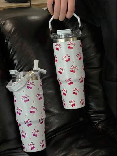 BENNY 900ml/30oz Stainless Steel Vacuum Insulated Tumbler With Cherry Blossom Bow Pattern, Suitable For Outdoor, Office, Home, School, Car, Birthday, Holiday, Mother's Day, Back To School, Valentine's Day Gift