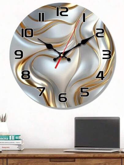 1 Pc 10 Inch/12 Inch Wooden Wall Clock With Golden And Silver Wave Texture Pattern, Silent Clock With Abstract Art Line Design, Living Room, Bedroom, Kitchen, Office Decoration, Modern Home Art Decoration, Ideal Valentine'S Day, New Year Gift, Birthday Gift Room Decor Clock Wall Bedroom Decor Dormitory Decor Back To School Home Decor
