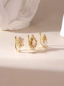 3件套复古宫廷风铜锆石水滴花朵假鼻环套装，适合女性日常佩戴，母亲节礼物 - 金色 - 查看 5