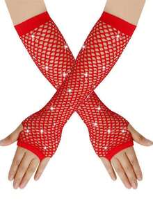 Guantes de red de pesca para adultos con rhinestones, guantes sin dedos cortos/medianos de colores elásticos para novias, fiestas y eventos, verano, viajes, festivales - Diamante largo y caliente - Ver 15