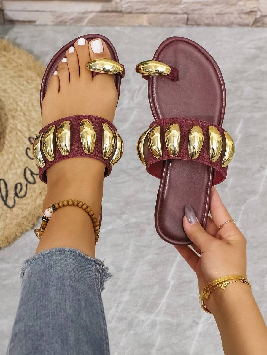 女士金色金属扣装饰圆头一脚蹬平底凉鞋，舒适夏季时尚拖鞋 - 酒紅色 - 查看 1