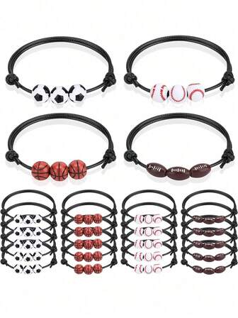 12 件/套运动派对礼品手链，足球篮球棒球串珠手链，可调节励志腕带，适合运动主题生日派对礼品，适合青少年成人、情人节、情人节婚礼、生日