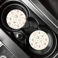 2pcs Pink Ditsy Floral Cup Mats, Creative & Unique Car Interior Decoration Coasters, Cute & Minimalist, Fresh Style - Apricot - View 6
