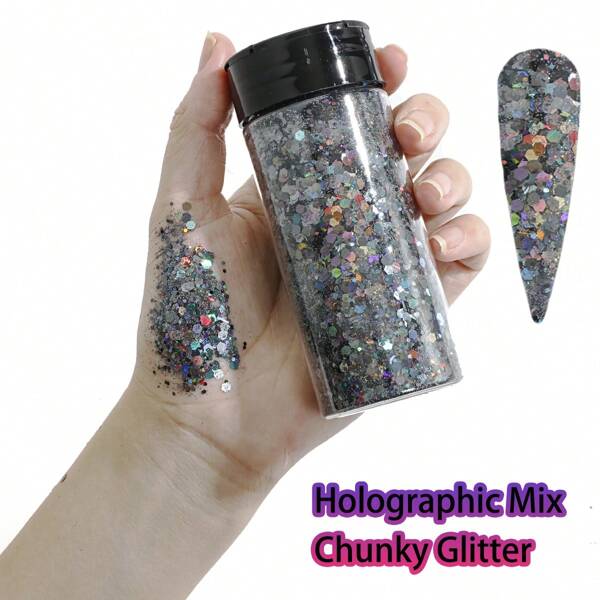 زجاجة بها 2.85 أونصة / 80 جرام من الجليتر المتعدد الألوان المتشظي الهولوغرافي ، بودرة جليتر للأشغال اليدوية ، رقائق متفاوتة لامعة متعددة الألوان ، بريق لزخرفة الأظافر وأعمال الايبوكسي والاحتفالات