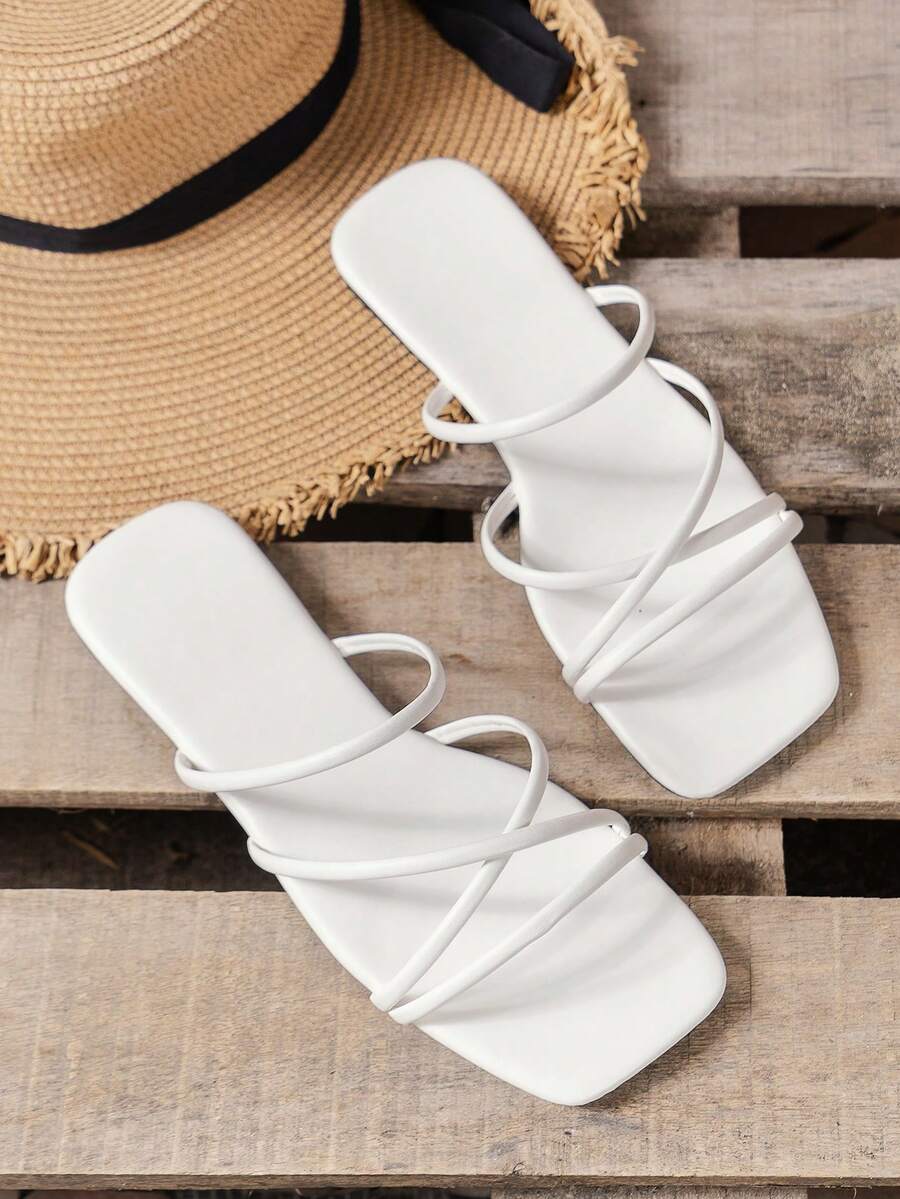 女士流行半圆条纹时尚简约一脚蹬户外纯色清新平底拖鞋