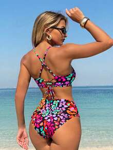 新款分体泳衣女，性感高腰数码印花比基尼两件套泳装，欧美跨境 - 橘色 - 查看 2