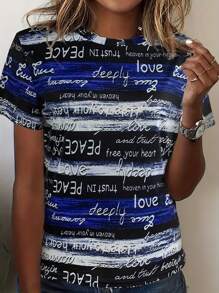 Camiseta de manga corta con letras EVF y rayas para mujer - Camiseta básica casual de cuello redondo, Blusa de verano con gráfico de cuello de tripulación, Camisa de ajuste relajado para uso diario