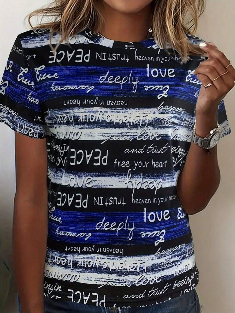 Camiseta de manga corta con letras EVF y rayas para mujer - Camiseta básica casual de cuello redondo, Blusa de verano con gráfico de cuello de tripulación, Camisa de ajuste relajado para uso diario