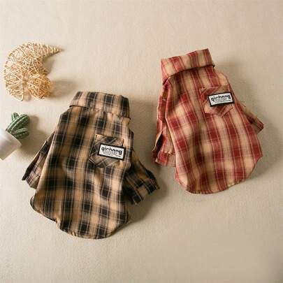 1pc Pet Maillard Plaid Shirt, All Season Indoor & Outdoor Pet Apparel For Small Dogs And Cats, British Style
