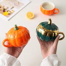 3件套（1个杯子、1个盖子、1个勺子）可爱南瓜牛奶杯、个性化水杯、带盖陶瓷早餐燕麦杯套装、咖啡杯、圣诞前夜带盖陶瓷南瓜造型杯、茶杯、家用陶瓷杯 - 彩色 - 查看 7