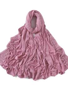 1 Stück Damen Jersey-Schal mit schwer bestickter Bordüre in Unifarbe, eleganter Strass-besetzter Schal mit Malay-Strass, langer Jersey-Hijab-Schal, afrikanisches Kopftuch, geeignet als Reise-, Urlaubs- und Party-Accessoire für Damen