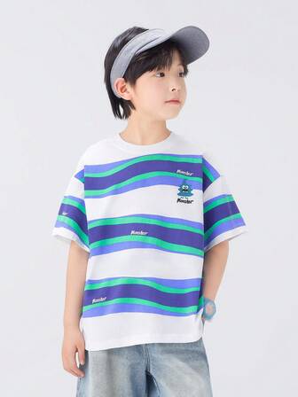  تي شيرت قصير الأكمام مخطط للأولاد من Zosee، أنيق، كاجوال، ناعم الملمس