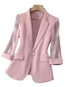 女士春秋休闲通勤单扣欧根纱拼接 3/4 袖西装外套