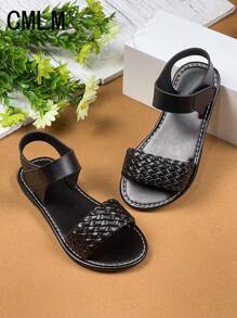 1 par de sandalias abiertas de niña pequeña con correa de PU de color negro sólido, estilo trenzado con , puntera redonda, cómodas y de moda tipo romanas, apropiadas para niñas de 3 a 12 años, para uso diario, casual, vacaciones, primavera/verano 2025