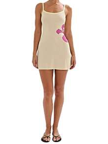 Women Summer Mini Cami Dress Sleeveless Open Back Knit Floral Spaghetti Strap Dress - Yellow - View 1