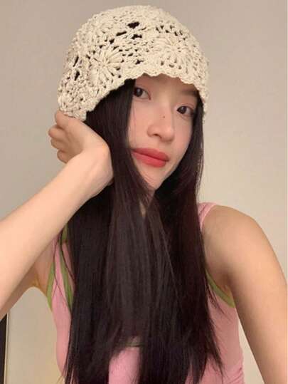 1pc Women's Beige Polyester Hollow Breathable Handmade Flower Bucket Hat