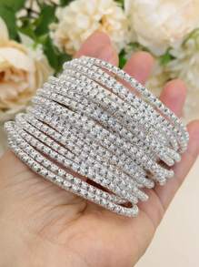 1 set/Múltiple Pulsera de tenis con banda elástica y perlas falsas, color dorado 3MM