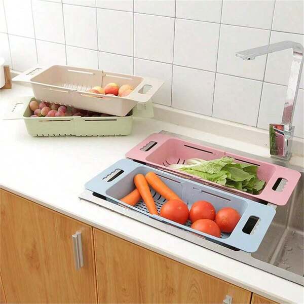 Adjustable Kitchen Sink Fruit & Vegetable Drain Basket, Expandable Dish Drying Rack