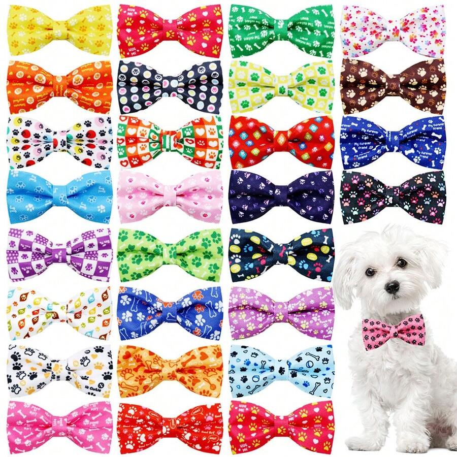 5/10pcs Movable Pet Dog Bow Tie Collar, Paw Print Cat Necktie With Elastic Bands, Pet Grooming Accessories For Small Dogs, Assorted Styles - Multicolor - View 1