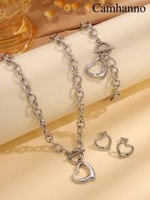 4 Pcs Stylish Personalized Design Simple Stainless Steel Love Necklace Bracelet Earrings Suitable For Holiday Gifts To Friends Valentines - Gold - View 2