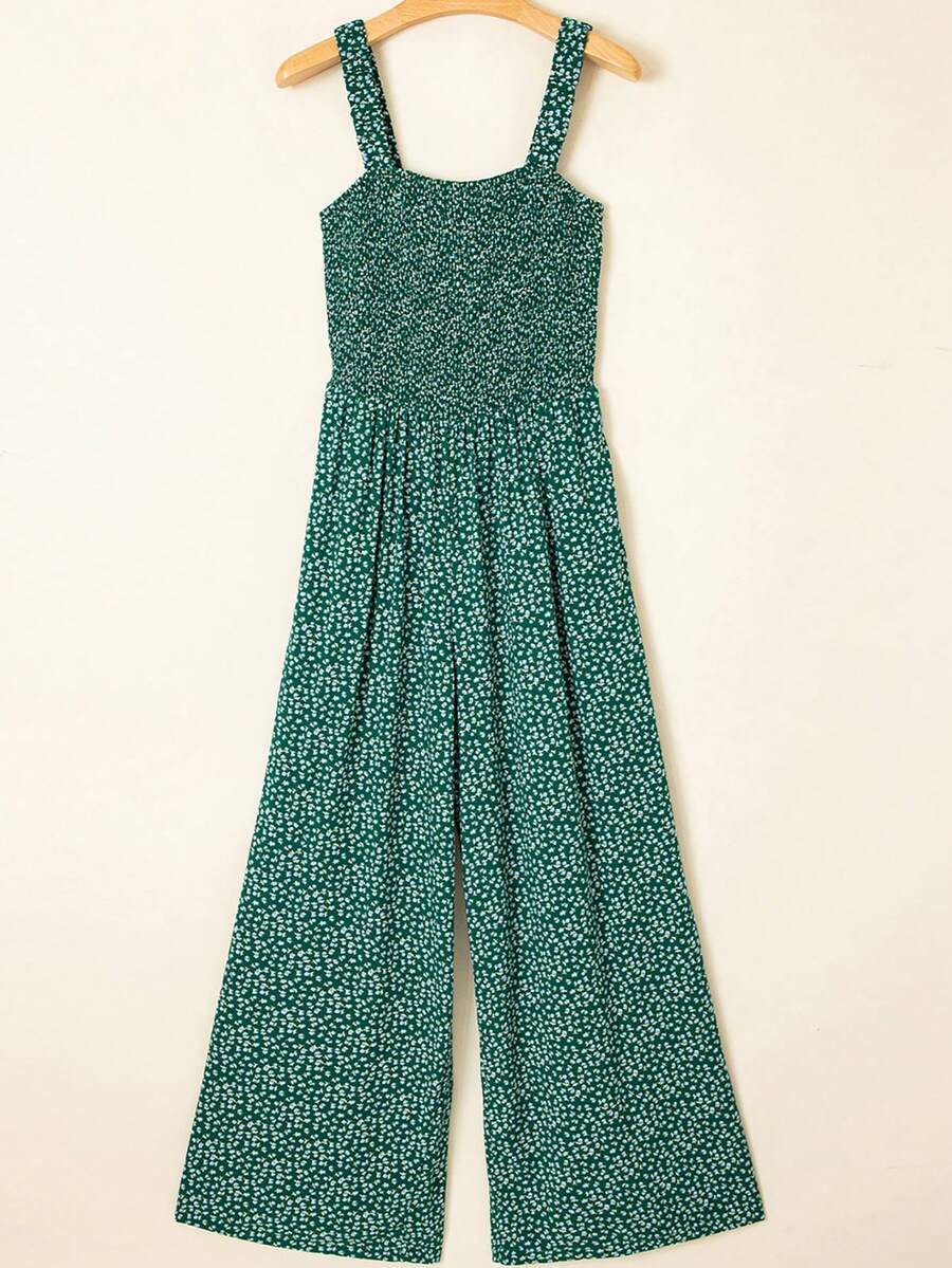 CILKOO Mono holgado de estilo bohemio con cuello cuadrado sin mangas, plisado, con bolsillos, pantalones anchos casuales para el verano - Verde - Ver 1