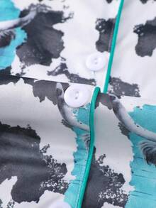 2 Pieces Set Women Cow Print Pajamas, Featuring Collared Shirt Top And Elastic Waist Shorts, Beautiful And Fashionable Homewear, Sleepwear For Holidays, Parties, And Casual Wear - Màu xanh lam - Xem 7