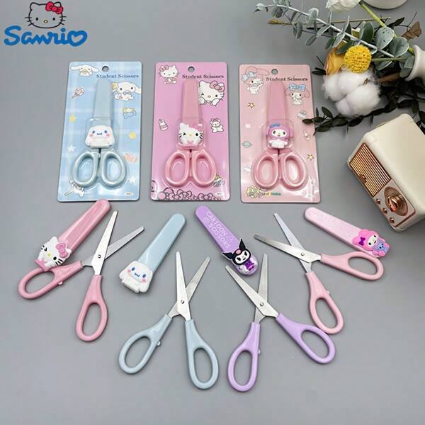 Sanrio Saniro Hello Kitty Scheren aus Schutzabdeckung, 3D tragbares sicheres Papierschneidwerkzeug, Cinnamoroll Cartoon Edelstahl Mehrzweckschere für Büro, Nähen, Basteln, Schulmaterial, Rückkehr zur Schule