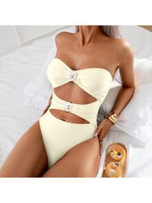 Women's Black Gold Flower Print Halter Hollow-Out Sexy One-Piece Swimsuit - White - View 3