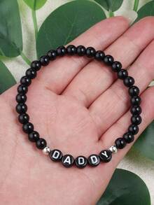 1 件爸爸/妈妈串珠弹性字母手链 6 毫米黑玛瑙手链 父亲节、母亲节礼物、节日珠宝、男士礼物、女士礼物