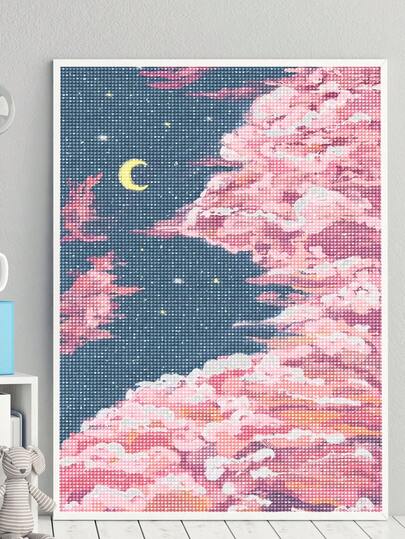 |5D DIY Diamond Painting|Pink Oil Painting Style Diamond Painting Kits, Pink Clouds Lingering Around The Moon. Diamond Painting For Adults Poster Wall Decor, Home Decor Diamond Painting, Make Your Own Wall Art DIY, Enjoy The Fun Of Hands-On, The Best Gift For Friends Diamond Painting Diamond Art