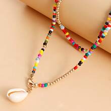 PHCOO 1pc Bohemian Double Layer Colorful Bead & Shell Necklace For Women, Simple Fashion Beach Style Versatile Accessory
