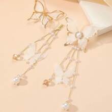 2 Pièces Boucles D'oreilles Pendantes Élégantes En Dentelle, Strass, Perles Fausses Et Papillon Avec De Longues Franges Pour Un Port Quotidien Pour Femme, Style Européen Et Américain