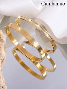 2 Pcs Gorgeous Exquisite Personalized Stainless Steel Love Single Row Drill Bangle Combination Suitable For Holiday Gift-Giving Ladies - Heart Diamond + Single Row Diamond Bracelet - View 2