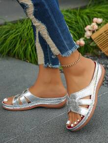 大码 36-43 夏季新款时尚休闲金色坡跟凉鞋，日常穿着露趾轻便银色女士坡跟厚底凉鞋 - 銀色褶皺 - 查看 5