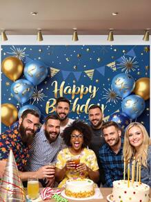 1pc 3D Blue And Gold Happy Birthday Photography Backdrops Glitter Stars Fireworks Balloons Flags Photo Background 59.1*39.4/82.7*59.1/106.3*70.9 Inches Newborn Shower Party Banner Indoor Outdoor Decoration Supplies