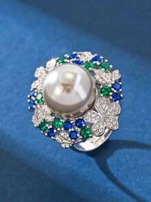 4 pièces Ensemble de bijoux en argent 925 avec perles et cubic zirconia, élégant et luxueux, comprenant un collier, une bague et des boucles d'oreilles. Convient pour le mariage (mariée/demoiselles d'honneur), l'anniversaire, les récompenses d'employés et le port quotidien