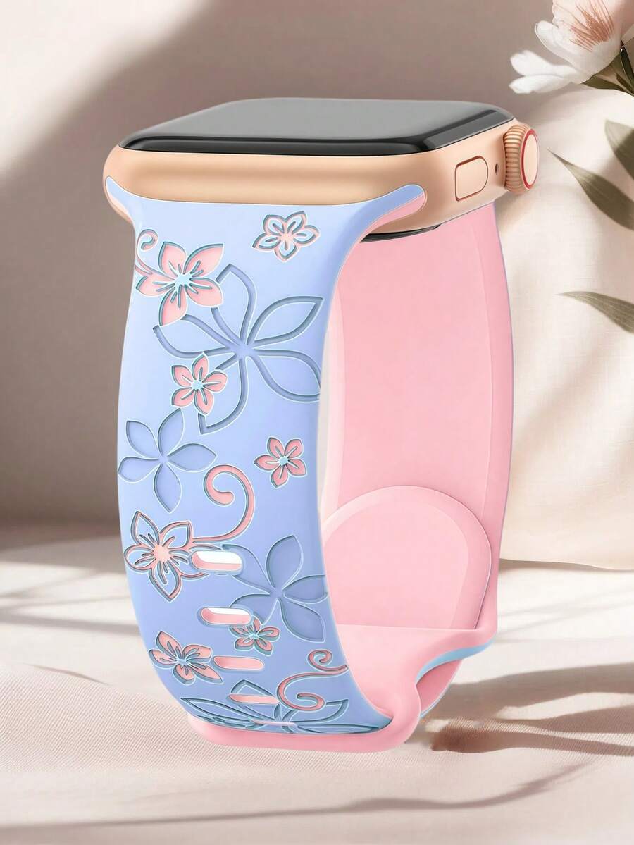 花卉雕刻表带，兼容 41mm、40mm、44mm、45mm、42mm、38mm、49mm、46mm 表带，女士款，可爱花朵双色柔软硅胶运动表带，兼容 Series SE、11、10、9、8、7、6、5、4、3、2、1、Ultra 型号。