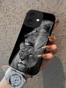 Fierce Animals 1 件装双狮情侣图案天使眼磨砂全 TPU 手机保护壳适用于 16 15 14 13 12 11 Pro Max 系列防水防震防摔防刮 - 黑色 - 查看 3