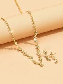 3件套简约闪耀钻石水滴项链耳环首饰套装，适合女士婚礼、生日、周年纪念派对佩戴 - 玫瑰金 - 查看 5