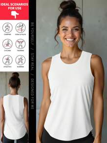 Camiseta de tirantes para mujer de color blanco con dobladillo redondeado y corte de hombros ancho que realza la silueta, ideal para el gimnasio, entrenamiento, clases de yoga y carreras matutinas al aire libre