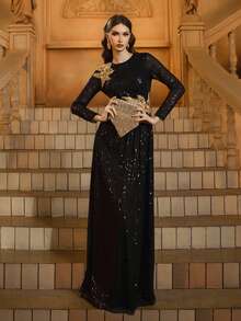 Black Sequin Round Neck Embroidered Prom Dress, Modest - Black - View 4