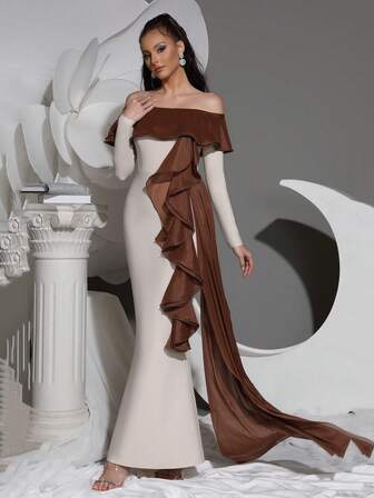 Modphy New Women's Sexy Off Shoulder Long Sleeved Ruffle Edge Tight Long Bandage Dress Elegant Wedding Guests Bridesmaids Festival Party Dinner Dress