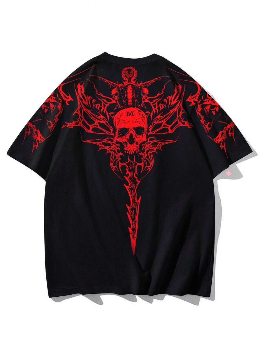 Men's Summer Skull & Letter Print Round Neck Short Sleeve T-Shirt, Casual Students Tee, Polyester Fabric, Suitable For Sports & Fitness - Red - View 1